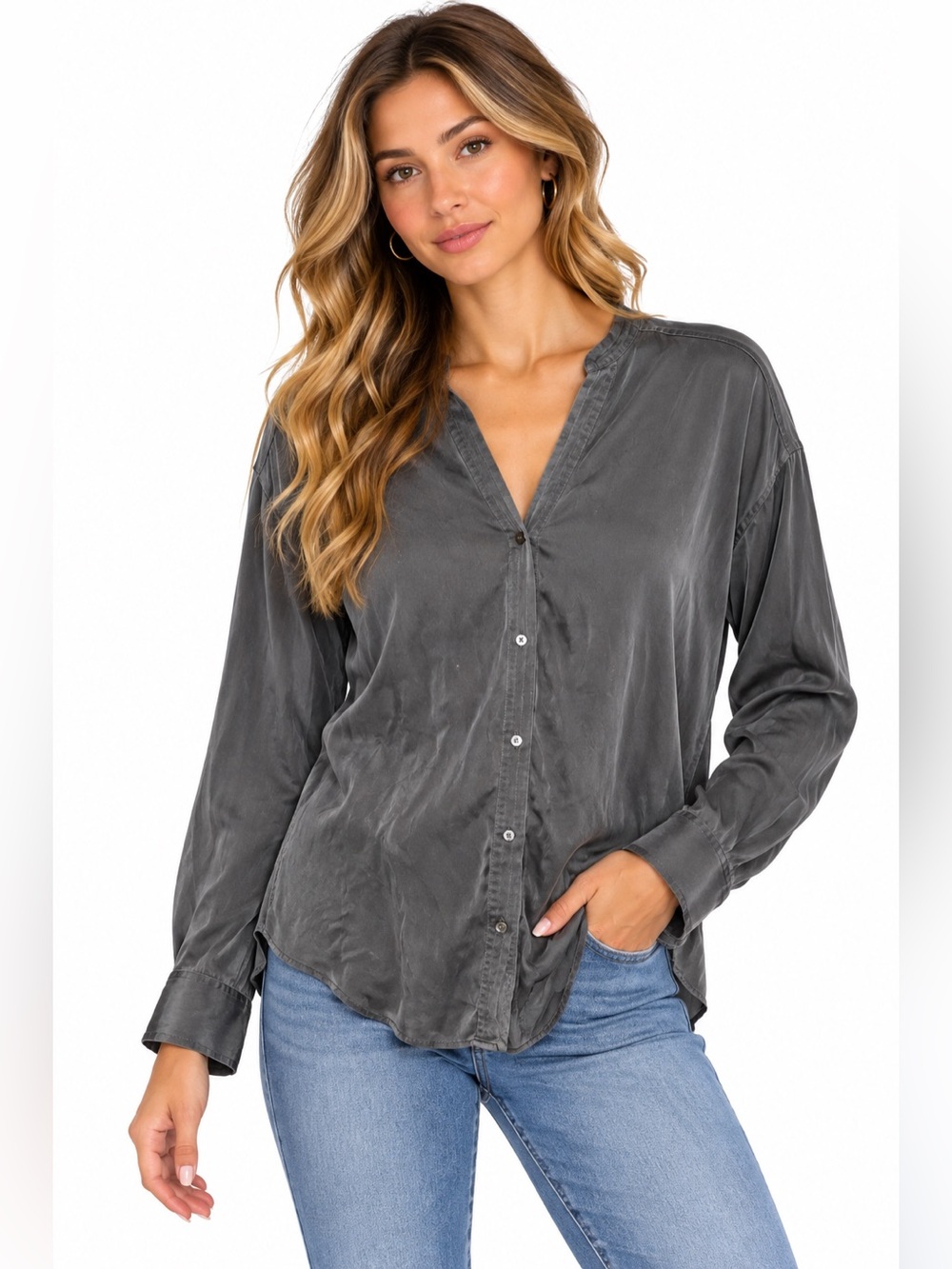 Vince Silk Size Large Womens Charcoal Gray Button-Front Blouse